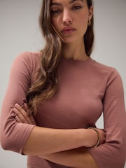 Rose Pink Soft Touch Ribbed Elbow Length Sleeve Crew Neck Top Containing TENCEL™ Lyocell - Image 1 of 7