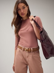 Rose Pink Soft Touch Ribbed Elbow Length Sleeve Crew Neck Top Containing TENCEL™ Lyocell - Image 2 of 7