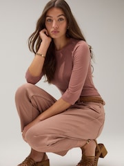 Rose Pink Soft Touch Ribbed Elbow Length Sleeve Crew Neck Top Containing TENCEL™ Lyocell - Image 3 of 7