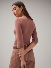 Rose Pink Soft Touch Ribbed Elbow Length Sleeve Crew Neck Top Containing TENCEL™ Lyocell - Image 4 of 7