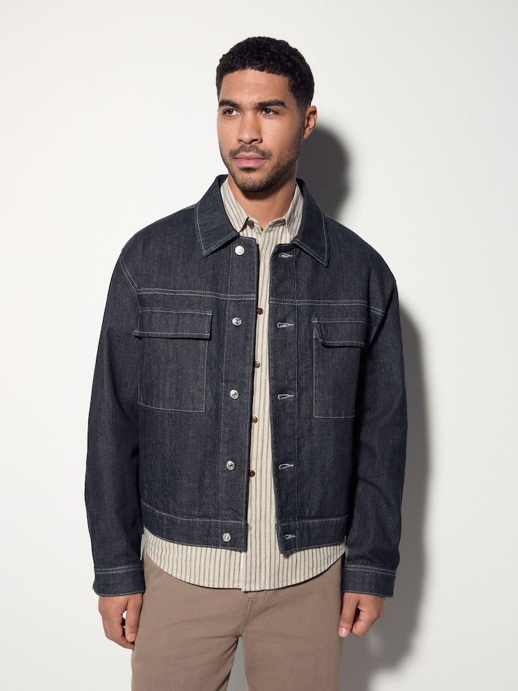 Dark Blue Contrast Stitched Denim Jacket - Image 1 of 10