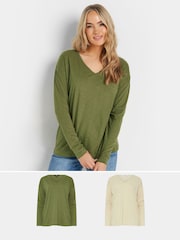 Verde - Pack de 2 camisetas de algodón 100 % con cuello en pico Sold de Long Tall Sally - Imagen 1 de 8
