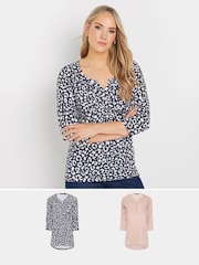 Long Tall Sally Blue 100% Cotton Pintuck Henley Top 2 Pack - Image 1 of 8