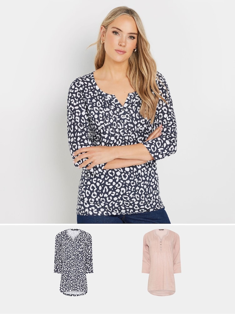 Long Tall Sally Blue 100% Cotton Pintuck Henley Top 2 Pack - Image 1 of 8