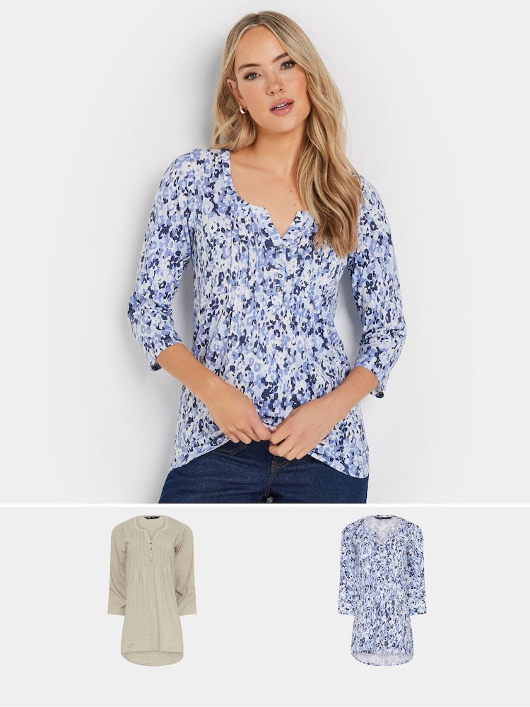 Long Tall Sally Blue Pintuck Henley 100% Cotton Tops 2 Pack - Image 1 of 8