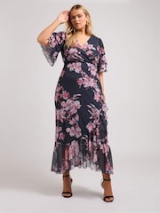 Yours Curve Blue London Wrap Ruffle Mesh Dress - Image 1 of 5