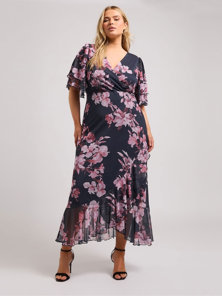 Yours Curve Blue London Wrap Ruffle Mesh Dress - Image 2 of 5