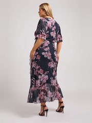Yours Curve Blue London Wrap Ruffle Mesh Dress - Image 3 of 5