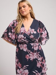 Yours Curve Blue London Wrap Ruffle Mesh Dress - Image 4 of 5