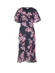 Yours Curve Blue London Wrap Ruffle Mesh Dress - Image 5 of 5