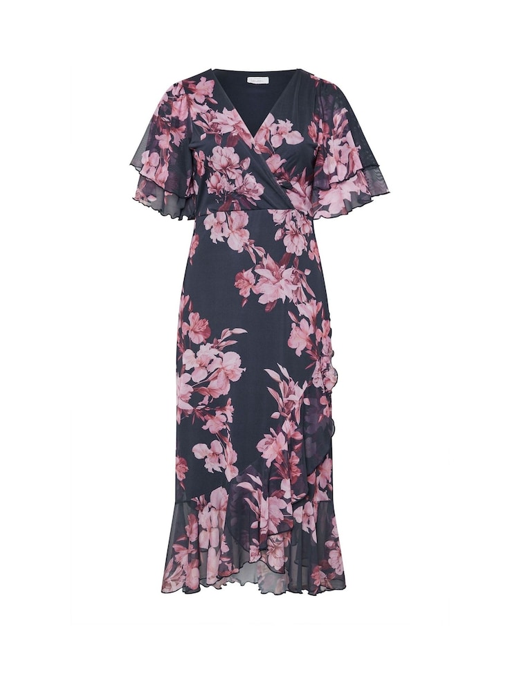 Yours Curve Blue London Wrap Ruffle Mesh Dress - Image 5 of 5