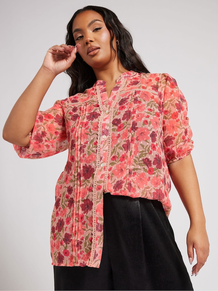 Yours Curve Pink London Dobby Crochet Pleated Blouse - Image 2 of 5