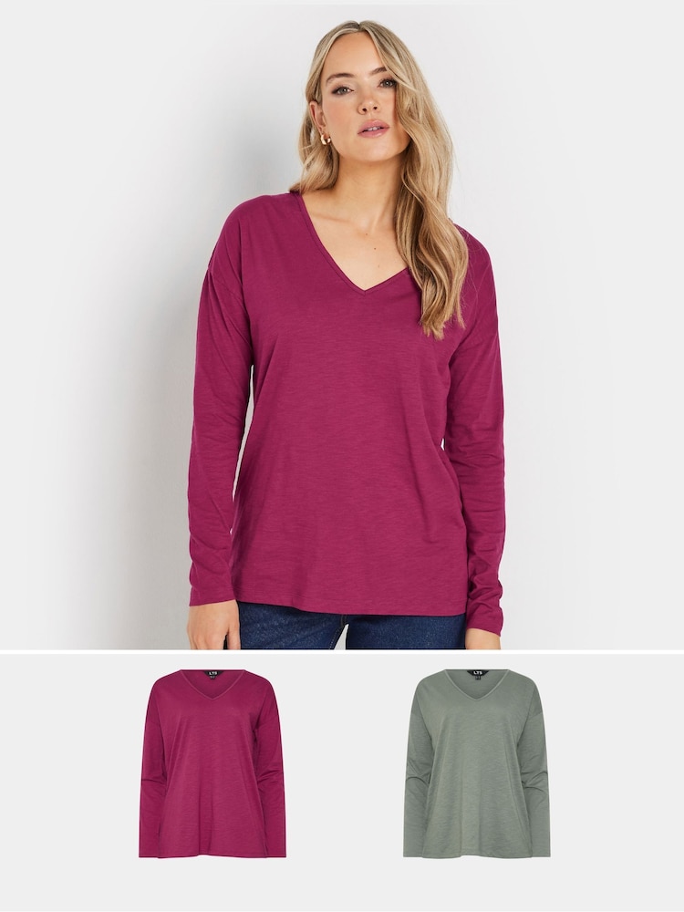 Long Tall Sally Pink/Grey Sold V-Neck 100% Cotton T-Shirts 2 Pack - Image 1 of 8 Long Tall Sally Pink/Grey Sold V-Neck 100% Cotton T-Shirts 2 Pack - Image 1 of 8