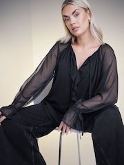 Yours Curve Black Ruffle Centre Front Tie Neck Blouse - Image 2 of 6