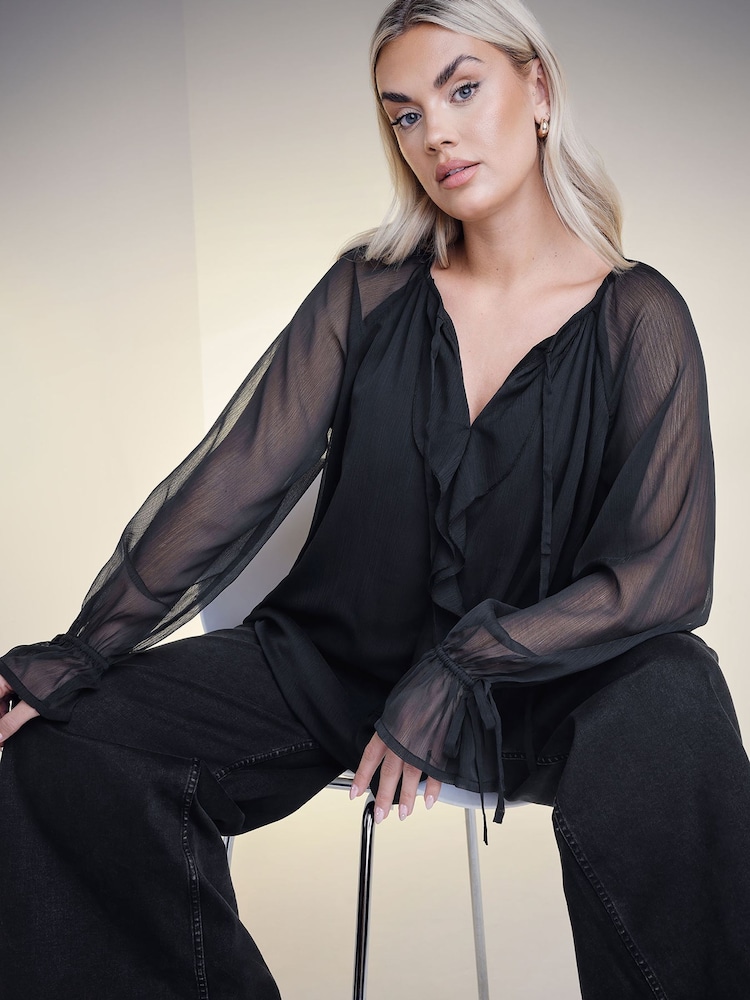 Yours Curve Black Ruffle Centre Front Tie Neck Blouse - Image 2 of 6
