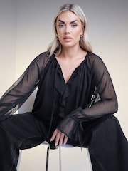 Yours Curve Black Ruffle Centre Front Tie Neck Blouse - Image 3 of 6