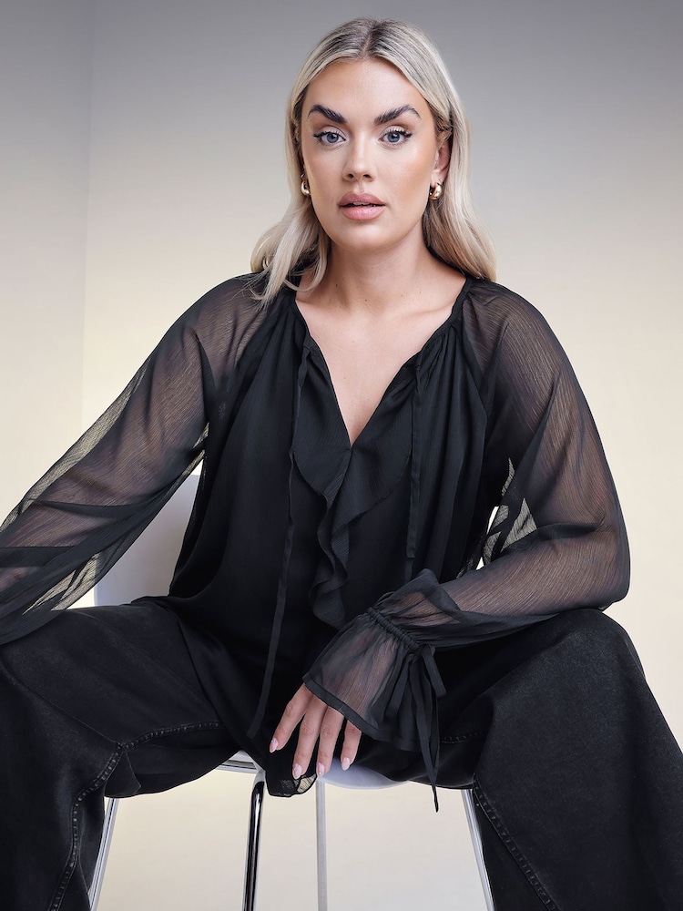 Yours Curve Black Ruffle Centre Front Tie Neck Blouse - Image 3 of 6