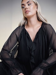 Yours Curve Black Ruffle Centre Front Tie Neck Blouse - Image 4 of 6
