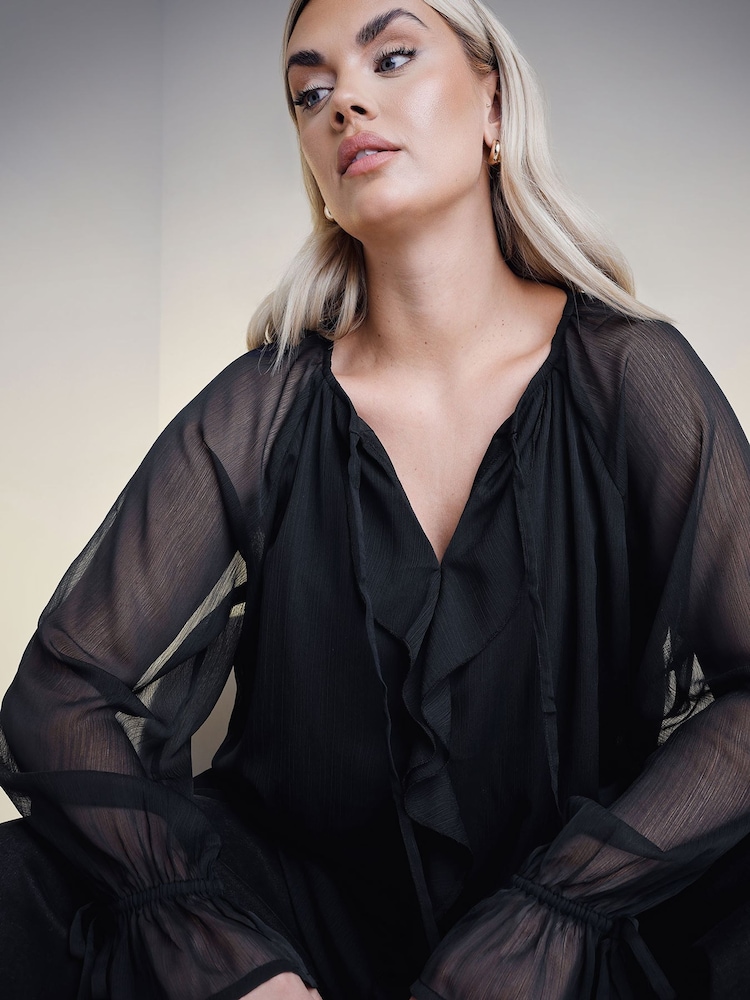 Yours Curve Black Ruffle Centre Front Tie Neck Blouse - Image 4 of 6