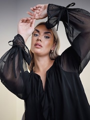 Yours Curve Black Ruffle Centre Front Tie Neck Blouse - Image 5 of 6