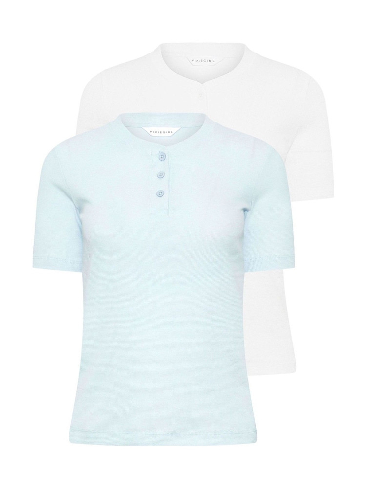 PixieGirl Petite Blue Short Sleeve Waffle Henley 100% Cotton Tops 2 Pack - Image 6 of 8