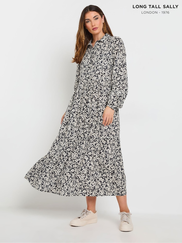 Long Tall Sally Black Ditsy Collar Tiered Smock Dress - Image 1 of 7 Long Tall Sally Black Ditsy Collar Tiered Smock Dress - Image 1 of 7