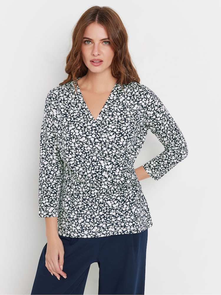 M&Co Blue 3/4 Sleeve Wrap Top - Image 1 of 5