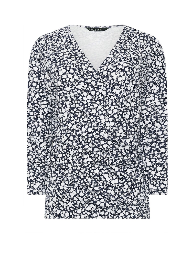 M&Co Blue 3/4 Sleeve Wrap Top - Image 5 of 5