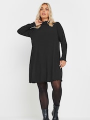 Yours Curve Black Lettuce Edge Tunic Dress - Image 1 of 5