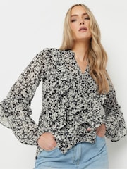 Long Tall Sally Black Ditsy Frilled Chiffon Shirt - Image 2 of 4