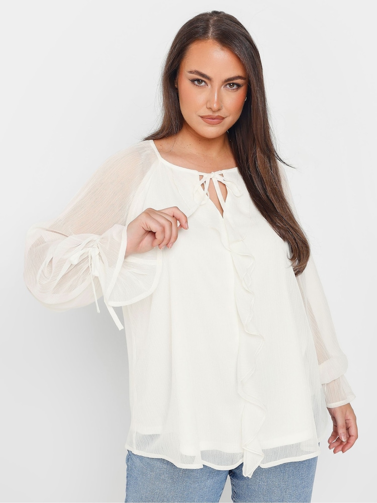 Yours Curve Natural Ruffle Centre Front Tie Neck Blouse - Image 4 of 5