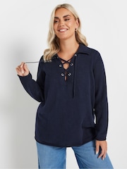 Yours Curve Blue Lattice Neck Stripe Jumper - Image 1 of 5