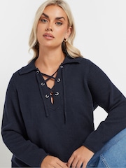 Yours Curve Blue Lattice Neck Stripe Jumper - Image 4 of 5