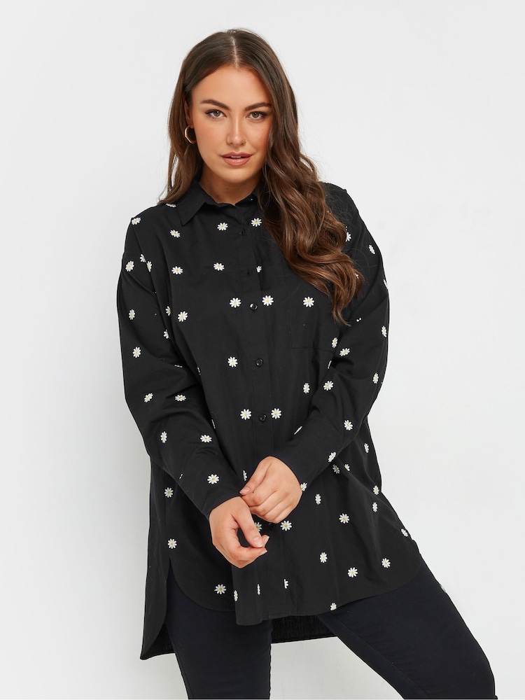 Yours Curve Black Embroidered Daisy Long Sleeve 100% Cotton Shirt - Image 1 of 5