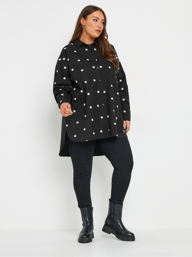Yours Curve Black Embroidered Daisy Long Sleeve 100% Cotton Shirt - Image 2 of 5