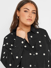 Yours Curve Black Embroidered Daisy Long Sleeve 100% Cotton Shirt - Image 4 of 5
