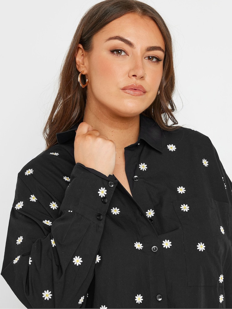Yours Curve Black Embroidered Daisy Long Sleeve 100% Cotton Shirt - Image 4 of 5