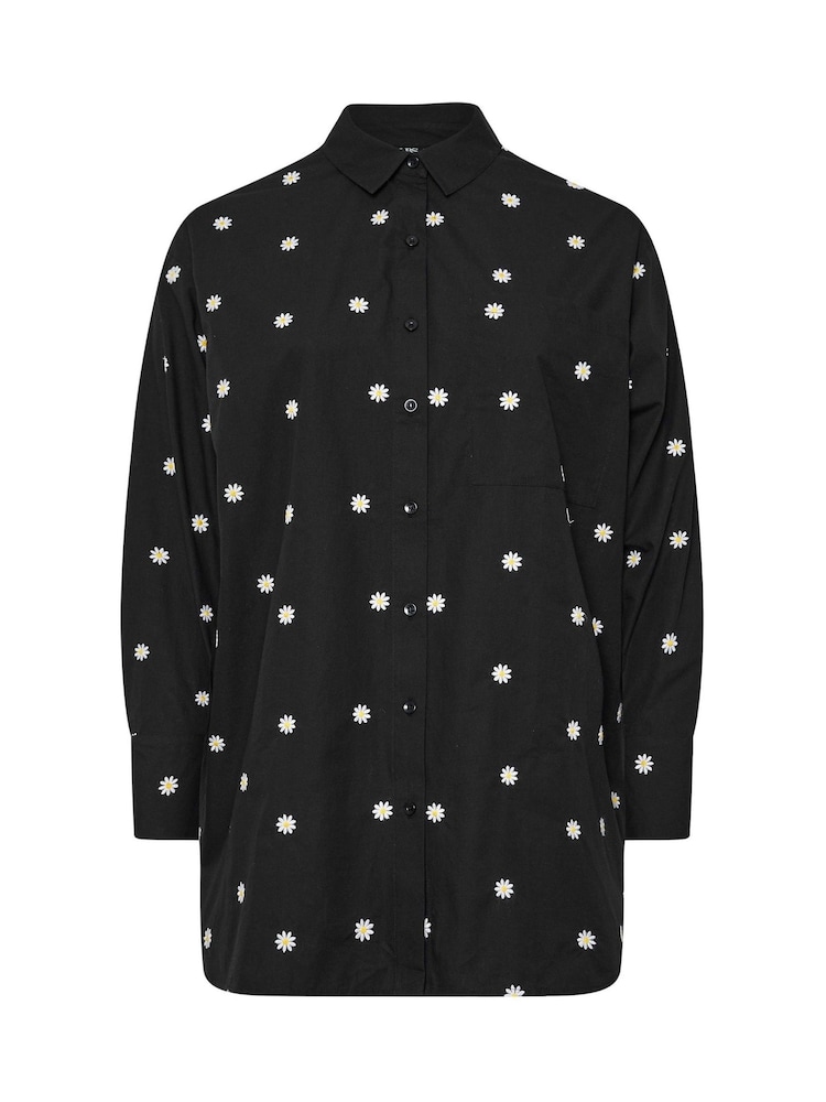 Yours Curve Black Embroidered Daisy Long Sleeve 100% Cotton Shirt - Image 5 of 5