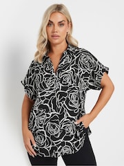 Yours Curve Black Collar Pleated Front Short Sleeve Blouse - Image 1 of 9