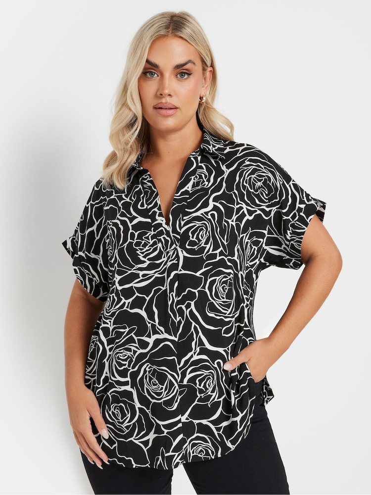 Yours Curve Black Collar Pleated Front Short Sleeve Blouse - Image 1 of 9