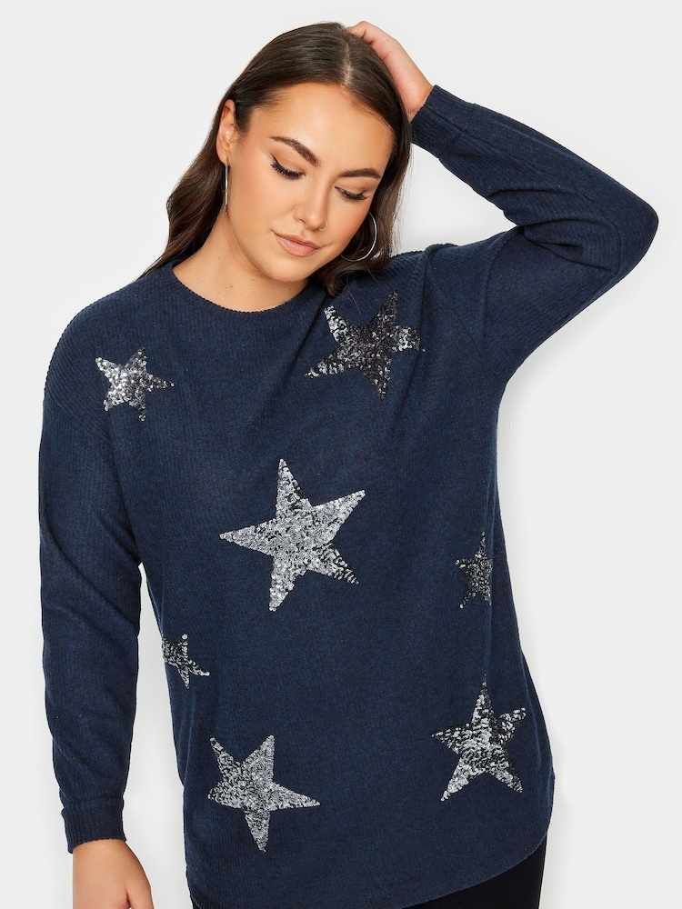 Yours Curve Blue Star Embellished Sweatshirt - Image 1 of 4