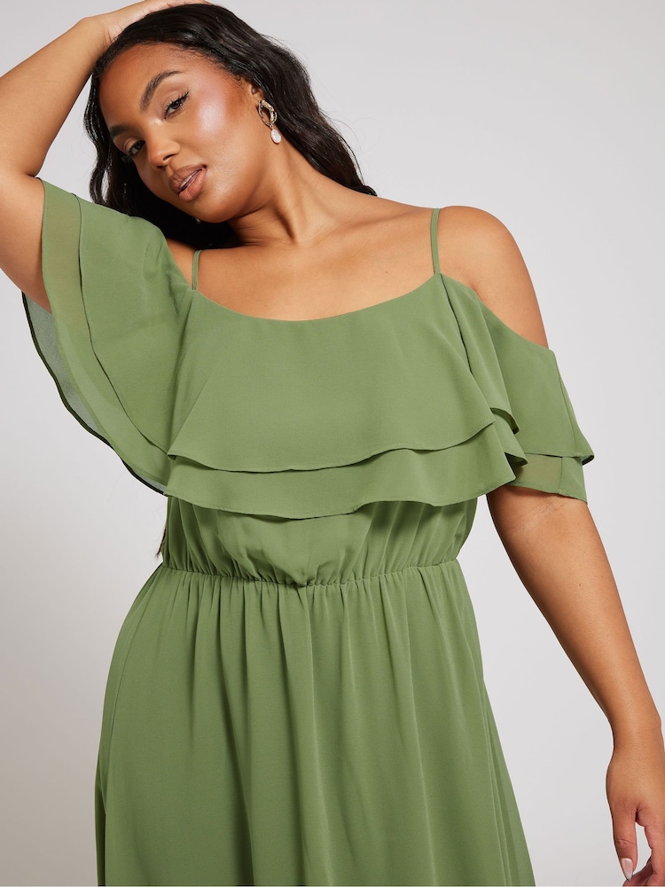 green emerald velvet dress Shop Green Cold Shoulder Bishop Sleeve Dress - for Women | OUTZIDR main image 0