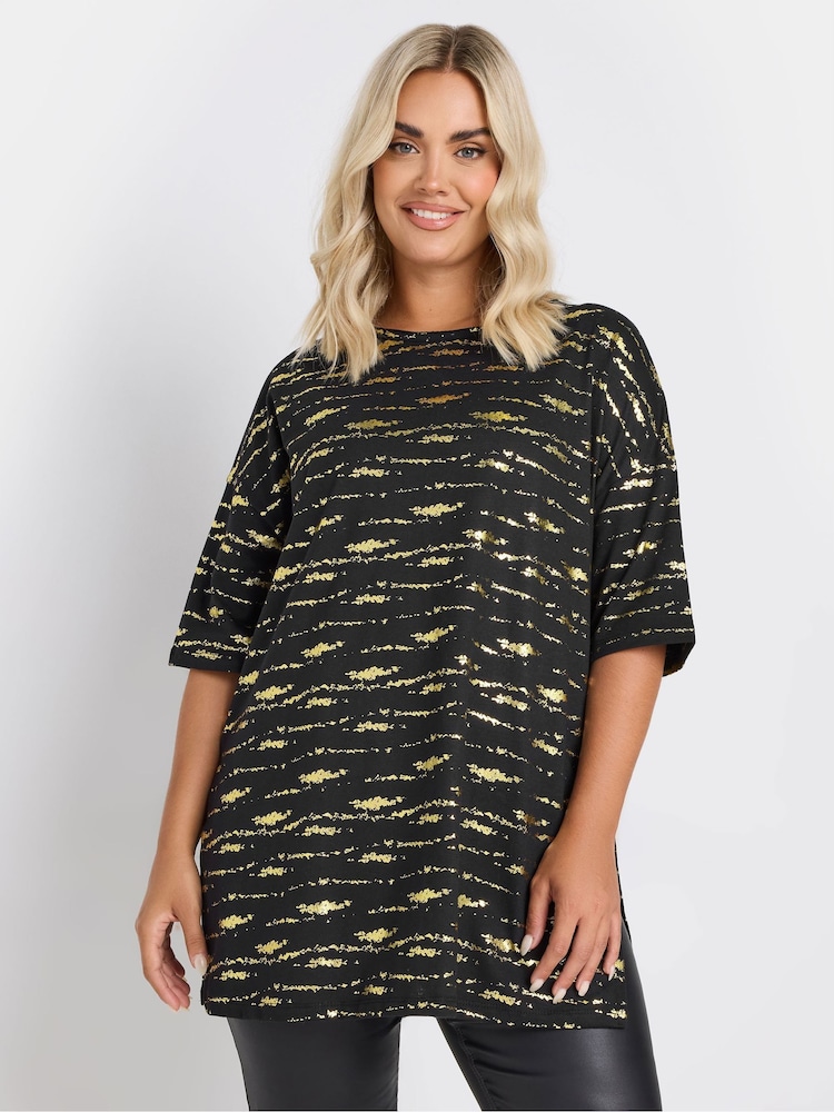 Yours Curve Black/Gold Textured Foil Top - Image 1 of 5