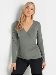 Long Tall Sally Grey Long Sleeve Cotton Wrap Top - Image 1 of 5
