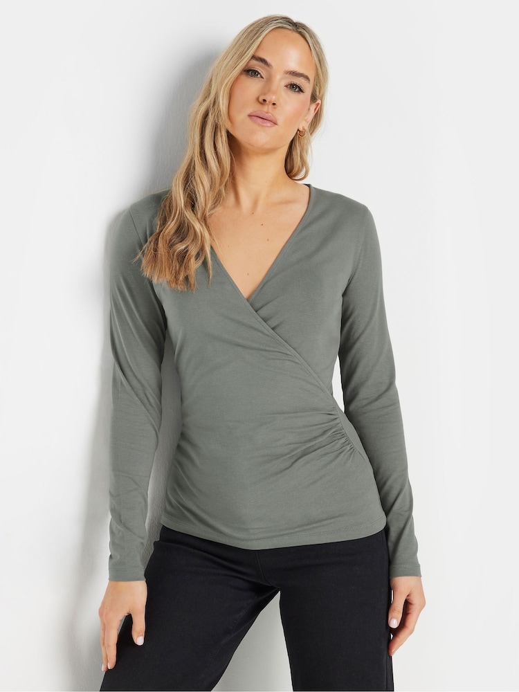 Long Tall Sally Grey Long Sleeve Cotton Wrap Top - Image 1 of 5