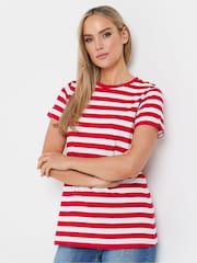 Long Tall Sally Red Stripe Button Shoulder 100% Cotton T-Shirt - Image 1 of 5