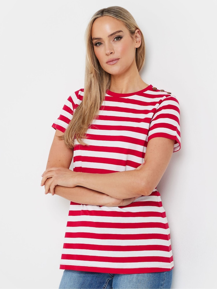 Long Tall Sally Red Stripe Button Shoulder 100% Cotton T-Shirt - Image 1 of 5