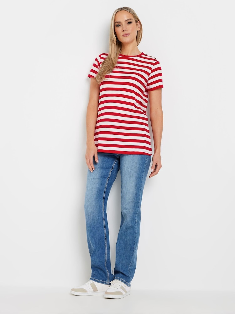 Long Tall Sally Red Stripe Button Shoulder 100% Cotton T-Shirt - Image 3 of 5