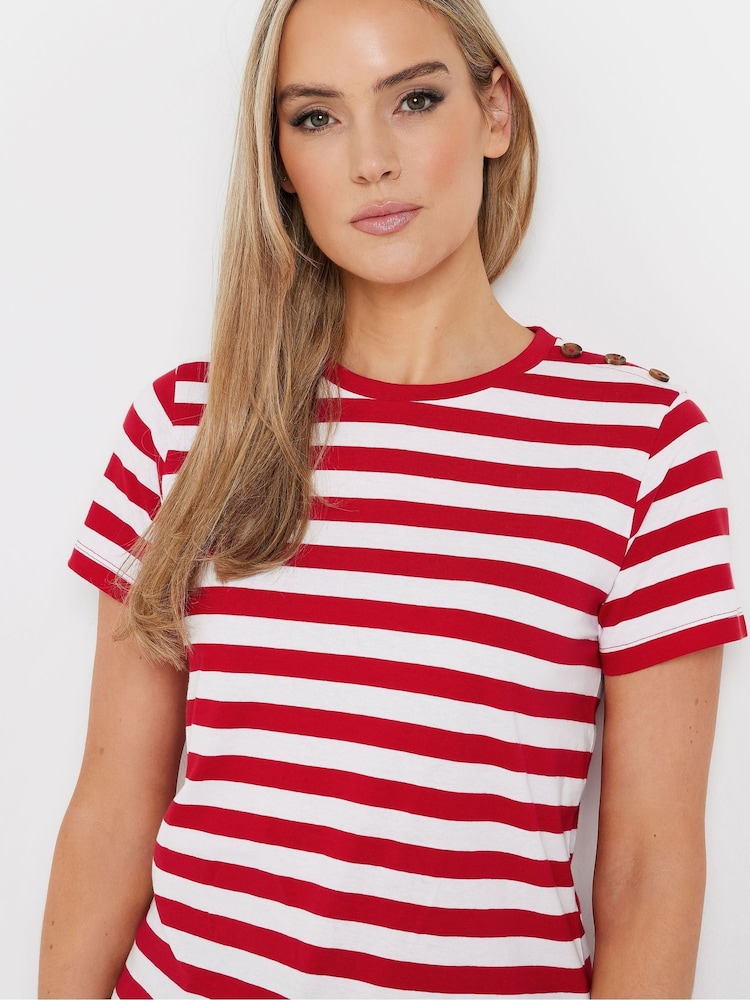 Long Tall Sally Red Stripe Button Shoulder 100% Cotton T-Shirt - Image 4 of 5