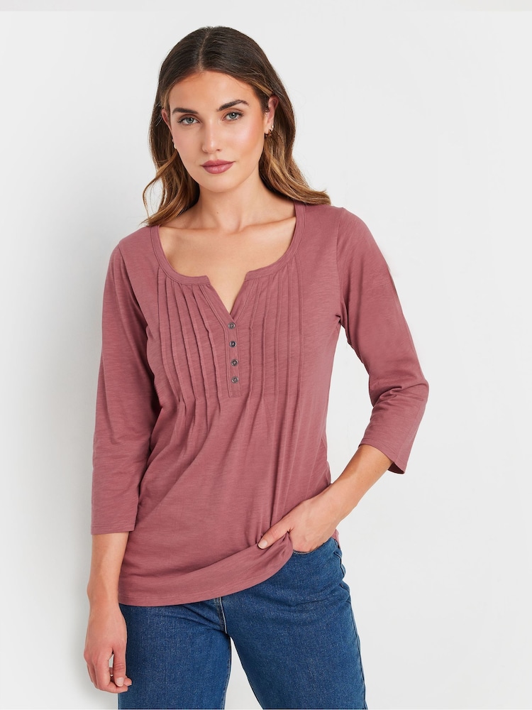 Long Tall Sally Pink Pintuck Henley 100% Cotton Top - Image 1 of 5